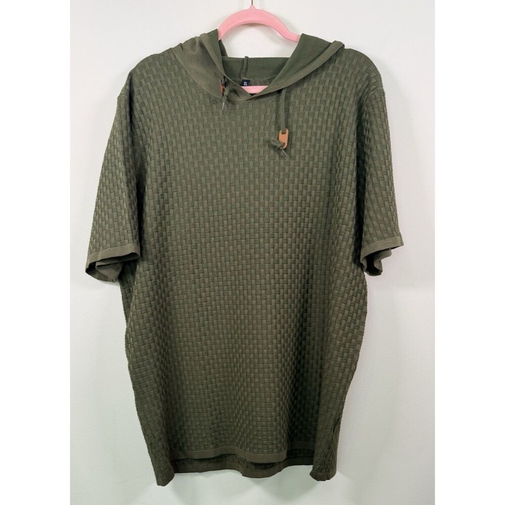 prAna Men's Pullover Short Sleeve Hoodie, Green Solid Knit Logo Accent, XL